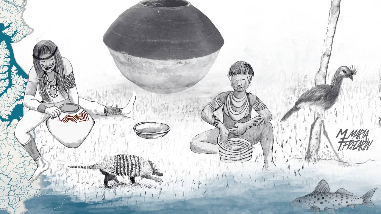 Imagem mostra desenho de urna funerária e de dois indígenas trabalhando em itens de cerâmica, assim como tatus, peixes e outros animais