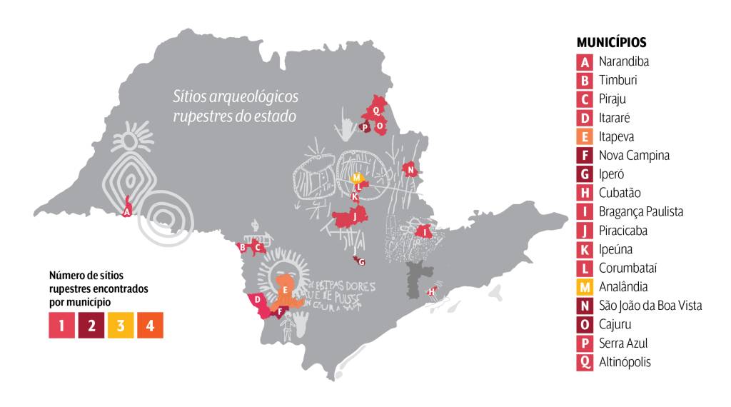 Imagem mostra mapa do estado de São Paulo com desenhos rupestres sobrepostos em cima de área de municípios onde foram encontrados os sítios arqueológicos