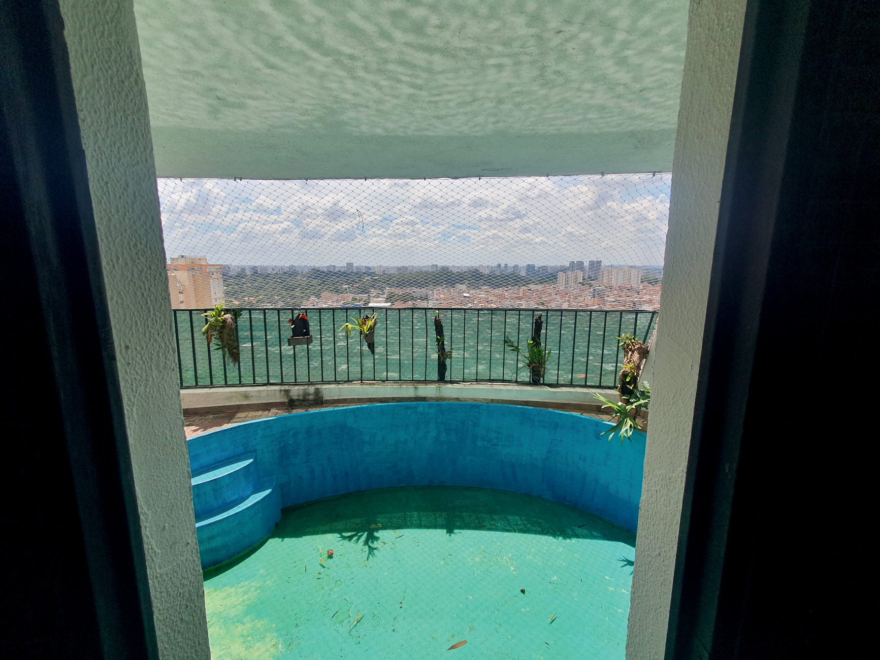 Imagem mostra em primeiro plano piscina azul vazia e, ao fundo, vista para favela, com grade de sacada e plantas penduradas na sacada