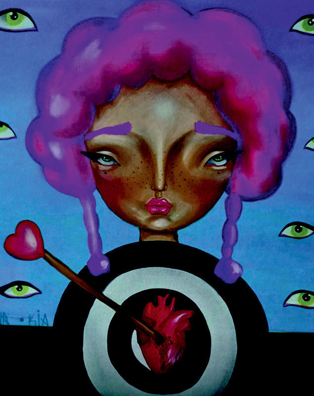 Desenho mostra mulher com cabelos roxos e alvo na altura do peito, com coração desenhado no centro do alvo e flexa em cima do coração. Ao fundo, diversos olhos em fundo azul