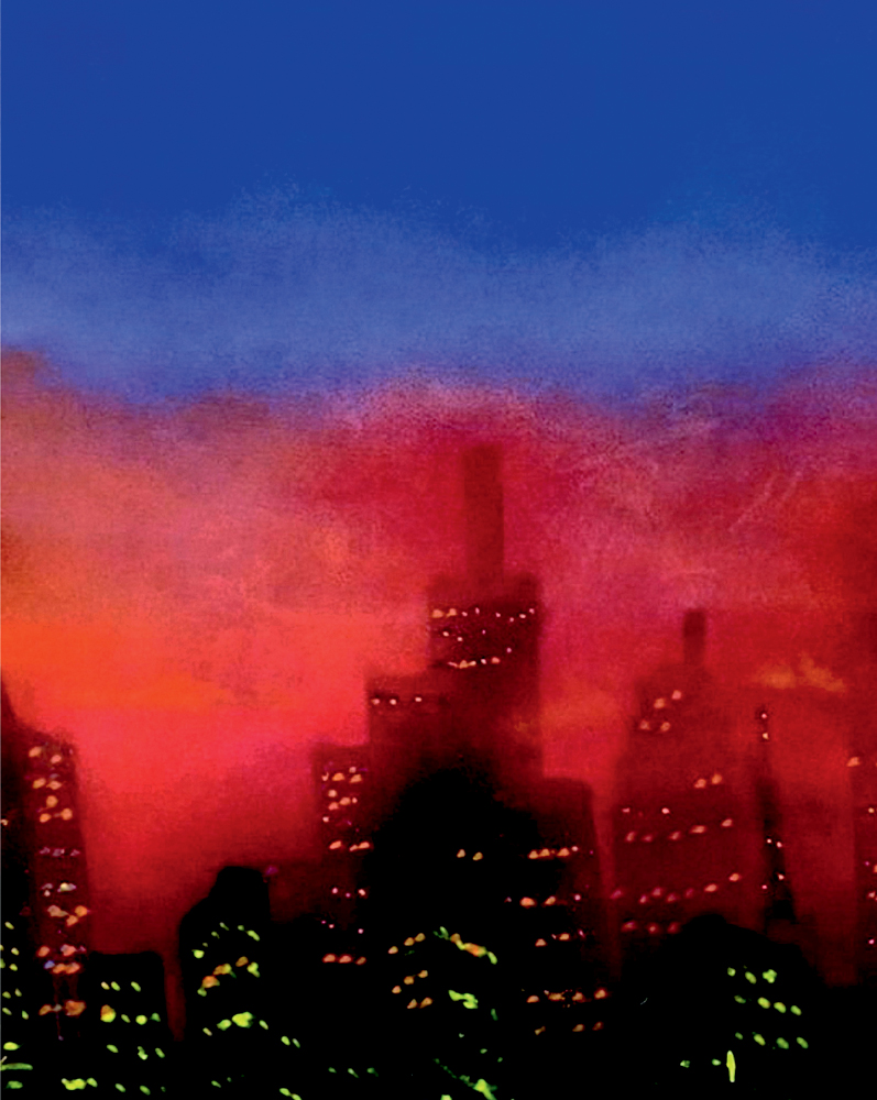 Imagem mostra prédios de cidade envoltos em névoa vermelha, alguns disformes
