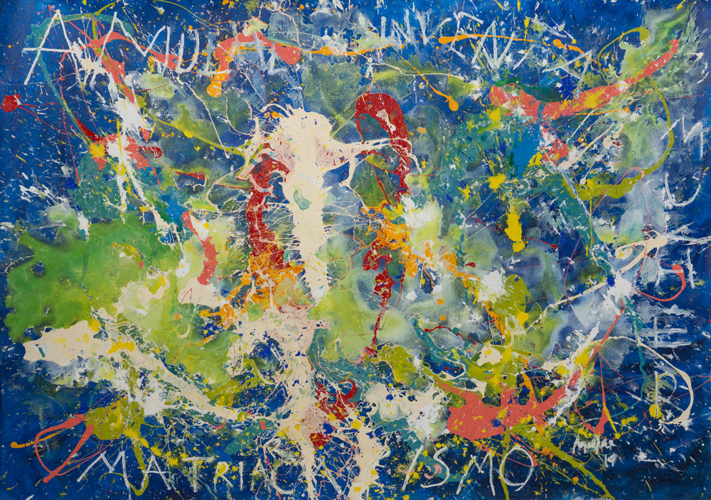 Pintura abstrata com borrões em tons de azul, branco, vermelho, verde e amarelo