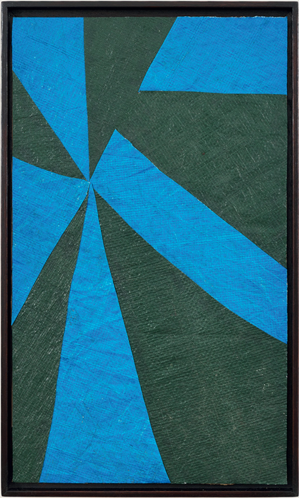 Quadro abstrato com área de listras azuis e fundo verde