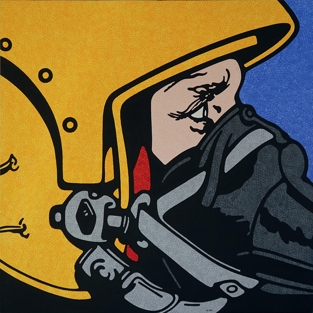 Desenho em close de rosto de aviador com boca coberta por equipamento preto, usando capacete amarelo