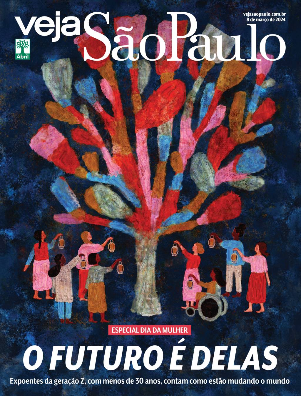 Imagem mostra ilustração com um árvore colorida ao meio e várias mulheres no entorno, segurando pequenas lamparinas