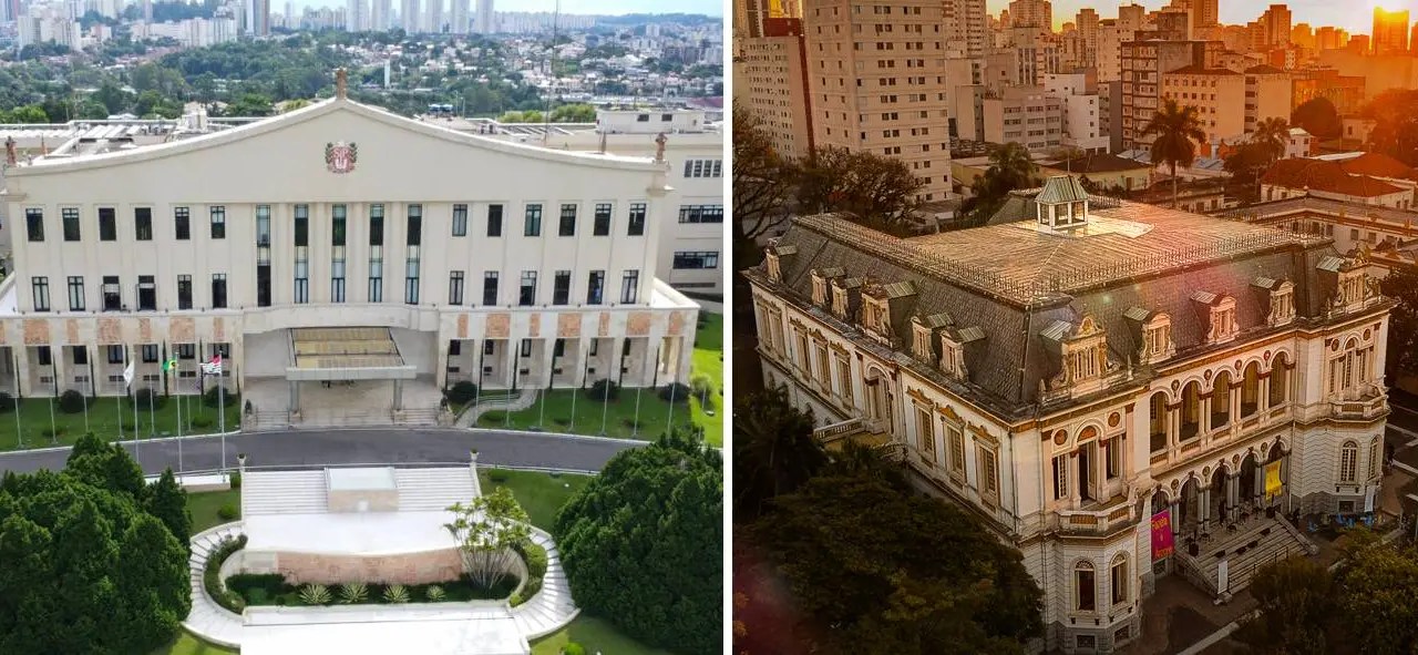 A primeira imagem mostra o Palácio dos Bandeirantes, atual cidade administrativa do governo de SP. Na foto ao lado, está o Palácio dos Campos Elíseos, futura sede.