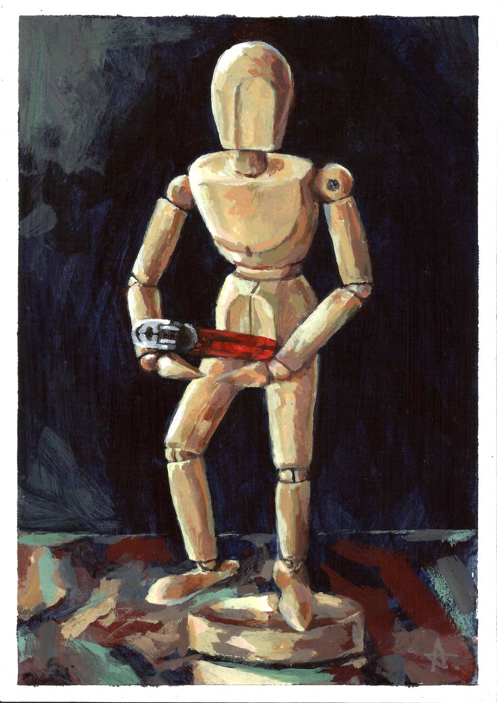 Alexis Lopes – Natureza Morta 07 (Tecnotesão), 2023 Boneco segura isqueiro vermelho em pintura