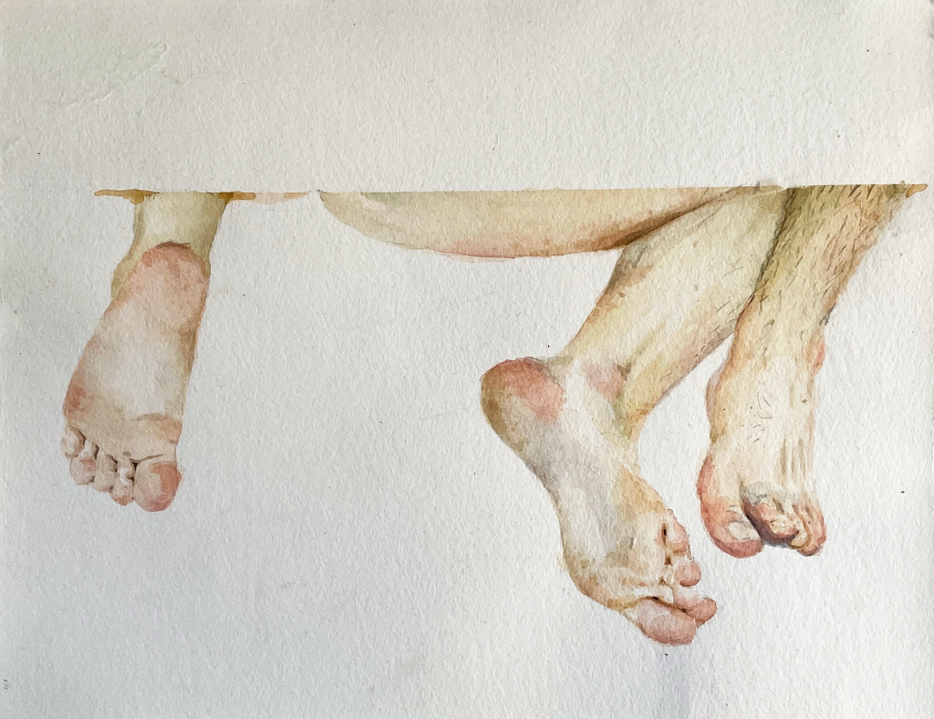 Felipe Basa – Sem Título 03, 2022 Pintura de duas pernas pendendo como se abaixo de um assento
