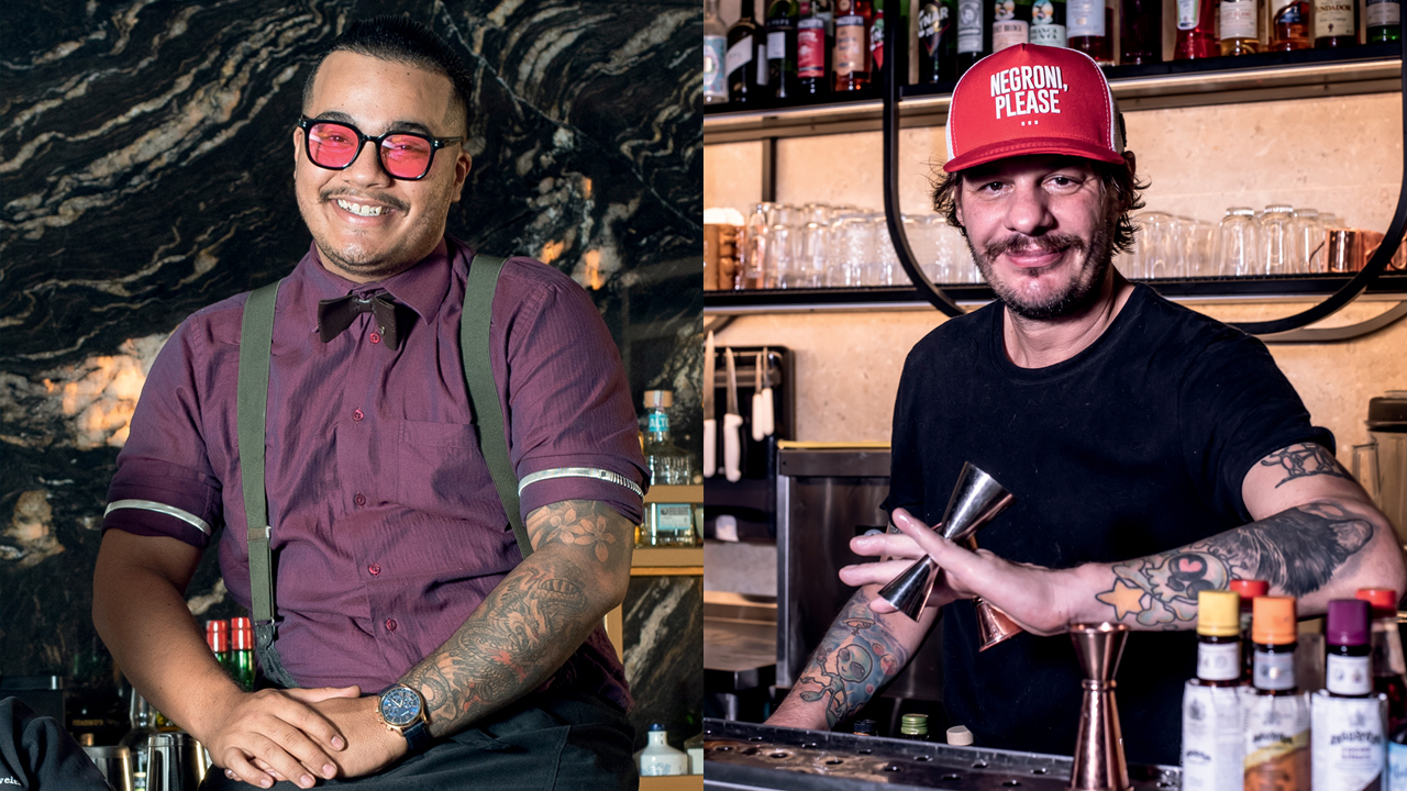 Duas imagens unidas. À esquerda homem sorrindo, à direita bartender fazendo drinque atrás de balcão.