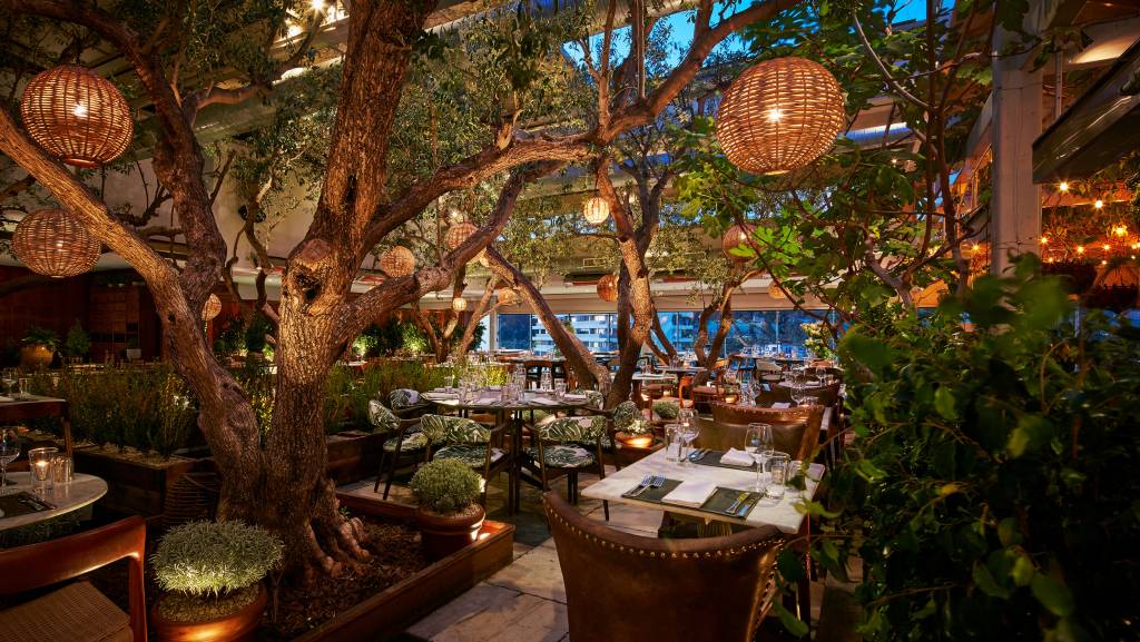 Soho House West Hollywood Roof Garden-Crédito Soho House-Divulgação Foto de restaurante com oliveiras no centro