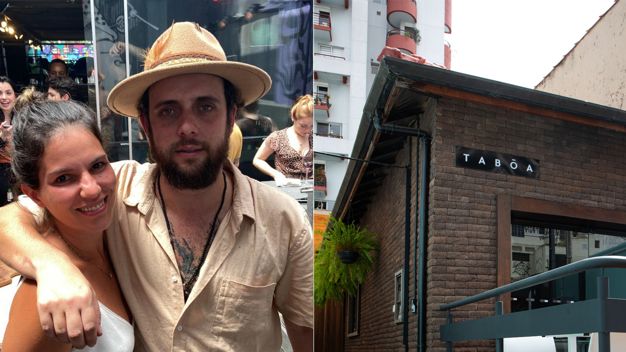 Duas imagens unidas linha fina branca. À esquerda, casal branco se abraçando olhando para a foto. À direita, fachada de tijolinho do restaurante Taboa.