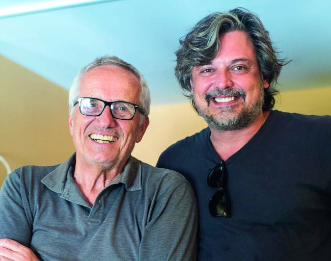Fabiano (à dir.) com o cineasta italiano Marco Bellocchio, diretor de O Traidor (2019), que também concorreu à Palma de Ouro no Festival de Cannes
