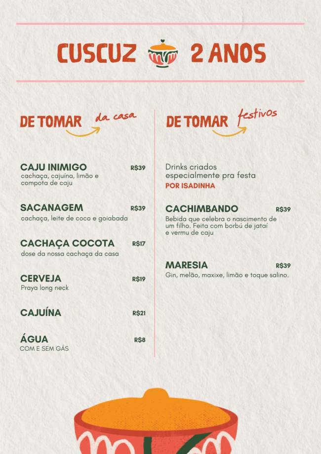 Cardápio Cardápio com bebidas da festa