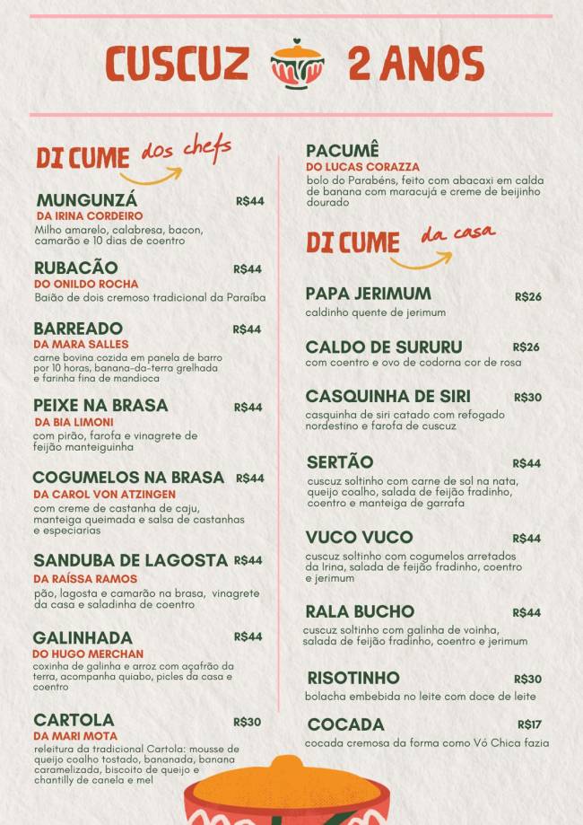 Cardápio Cardápio com todos os pratos da festa