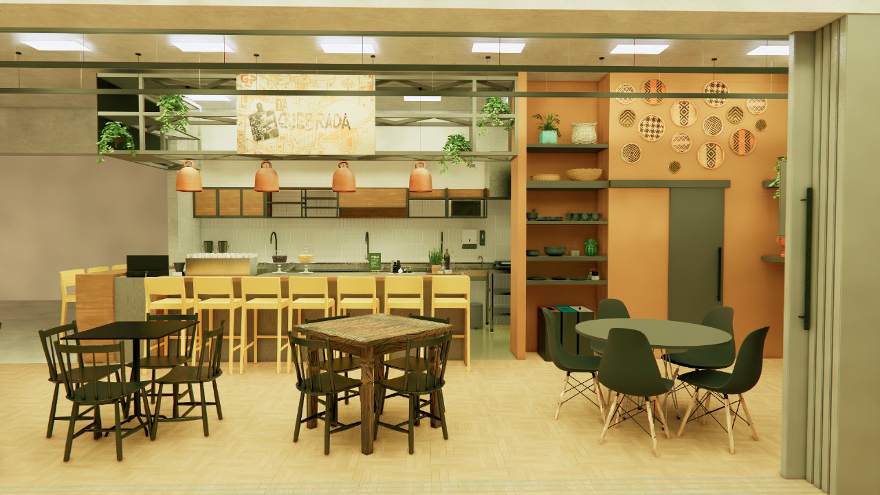 Projeto em 3D do restaurante Da Quebrada com a cozinha ao fundo.