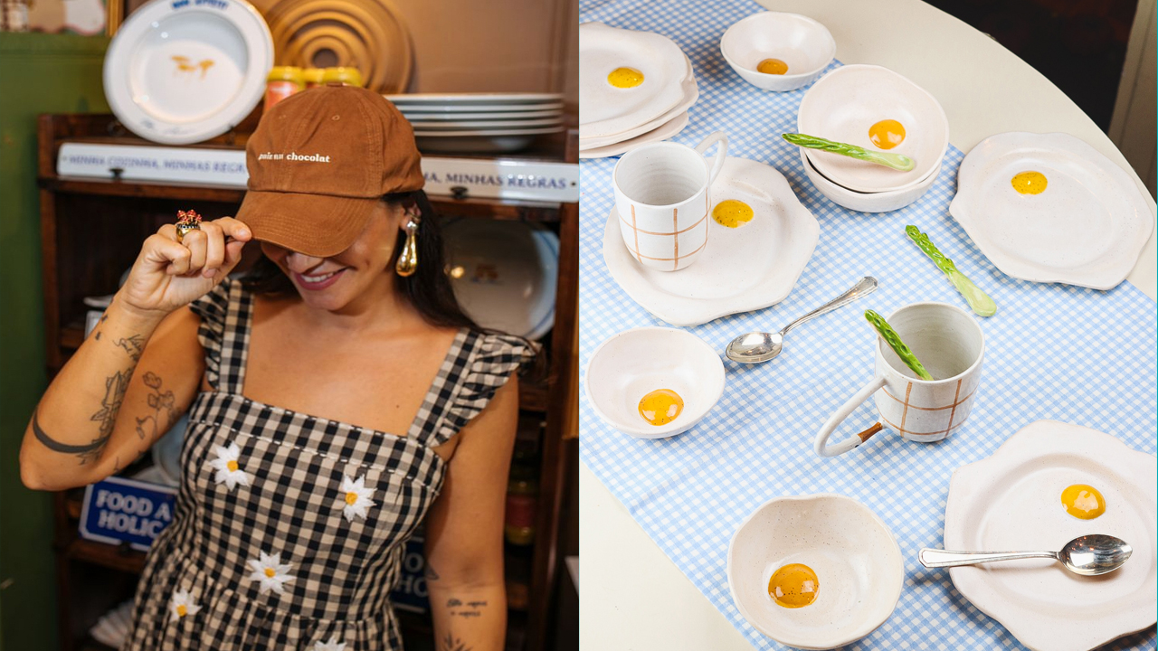 Duas fotos unidas. À esquerda, mulher de vestido xadrez segurando a aba do boné marrom, olhando para baixo e sorrindo. À direita, mesa posta sobre toalha xadrez com pratos imitando ovo frito.