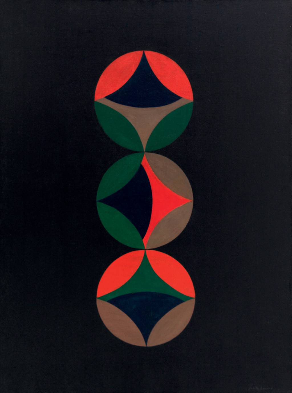 GALERIA FRENTE (crédito DIVULGAÇÃO) – Judith Lauand_Sem título.jpg Obra abstrata de fundo preto e círculos em vermelho, verde e marrom
