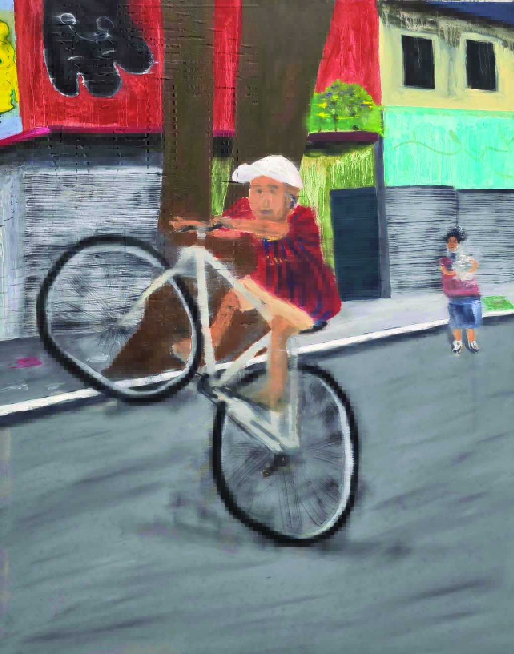 Renato Custódio, Título ¿Grau¿, óleo sobre tela, 2024 ,115x90cm..jpg Pintura de menino empinando bike
