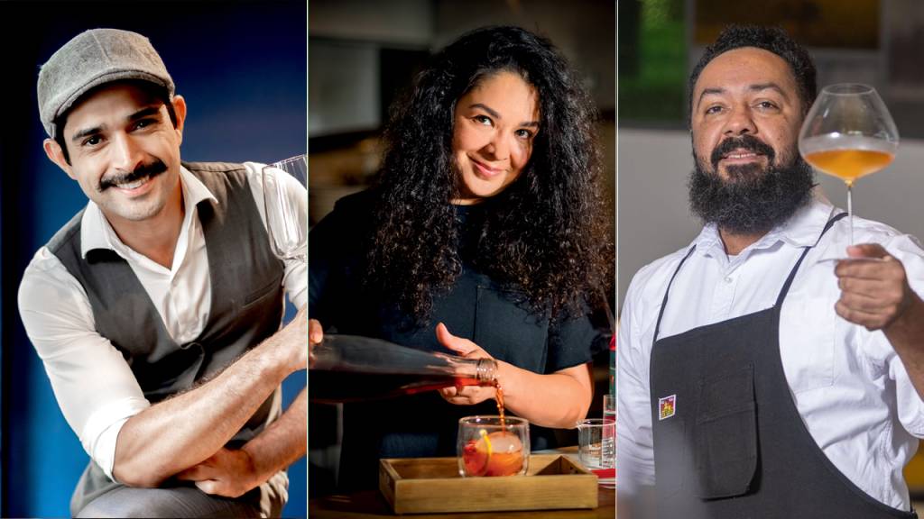 Comer & Beber 2024 – Sommelier Três fotos verticais unidas por linha fina branca. À esquerda, homem sorrindo segurando taças de vinho vazias com os braços cruzados. Ao centro, mulher colocando drinque em copo baixo. À direita, homem de avental segurando taça de vinho laranja.