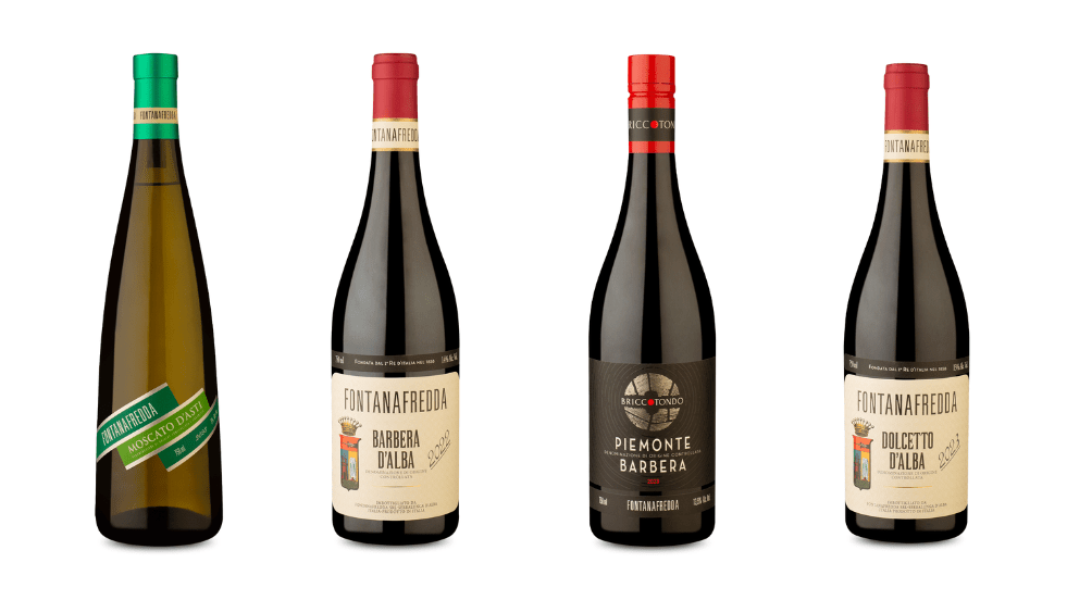 Fontanafreddas D.O.C.G. Moscato d'Asti 2023, Briccotondo D.O.C. Piemonte Barbera 2023, D.O.C. Barbera d'Alba 2022, D.O.C. Dolcetto d'Alba 2023