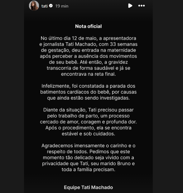 comunicado tati Equipe de apresentadora postou comunicado