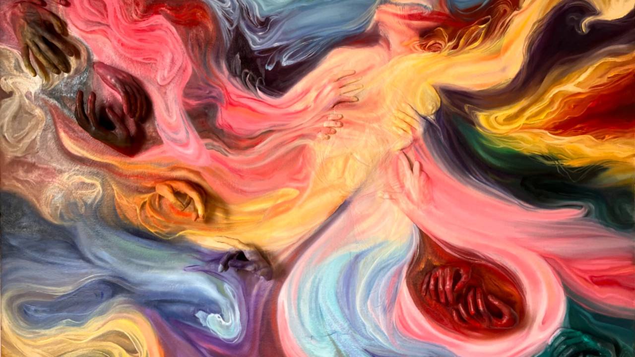 Obra abstrata de Gabriela Pederiva em tons de vermelho, amarelo e azul