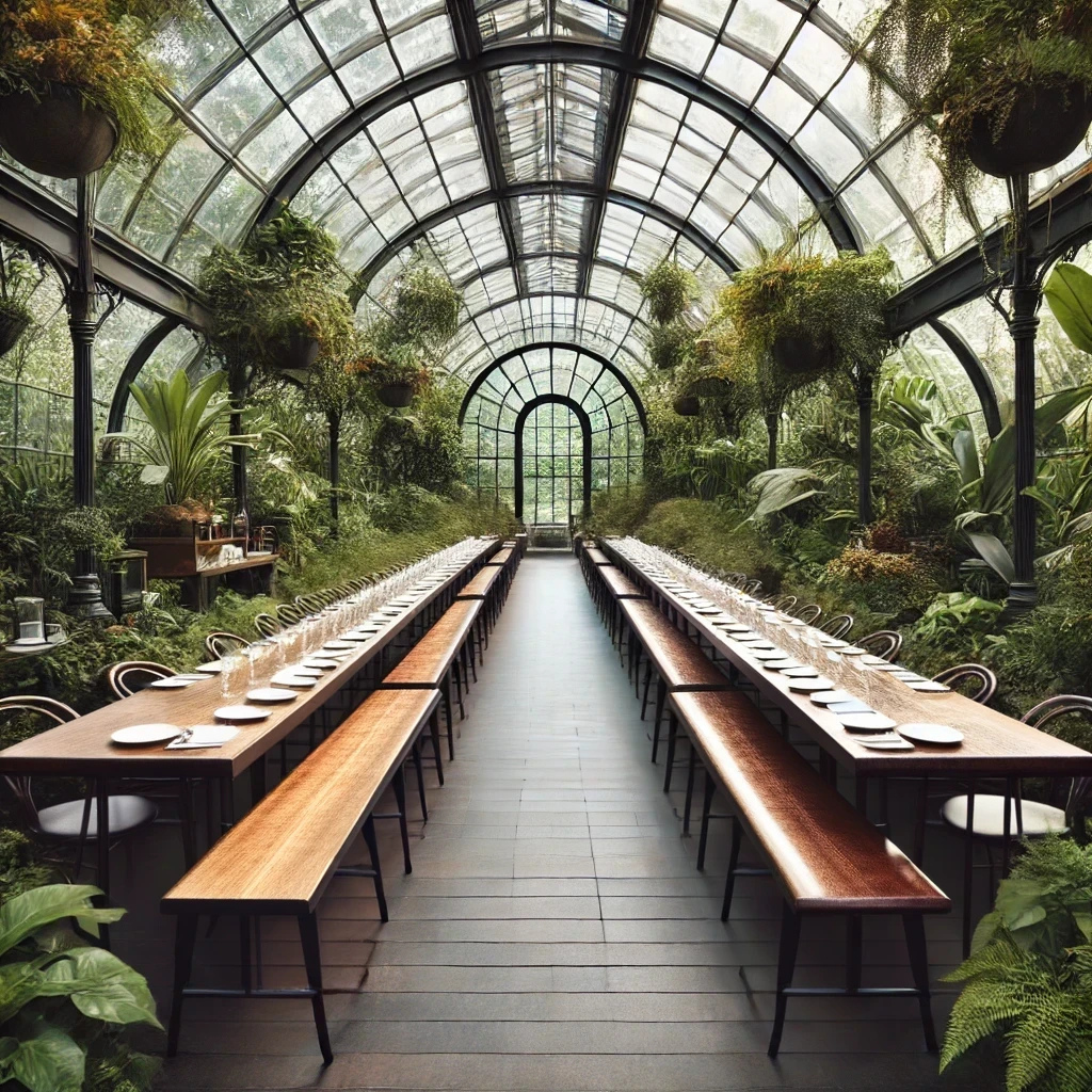 03-Estufa Ambiente de uma estufa com plantas e mesas