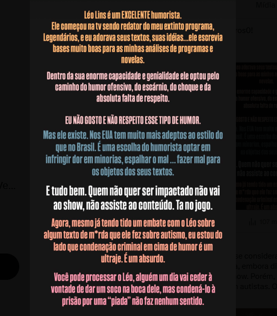 Marcos Mion usou os stories do Instagram para se manifestar sobre Léo Lins