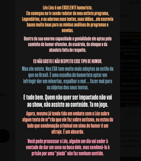 post mion Marcos Mion usou os stories do Instagram para se manifestar sobre Léo Lins