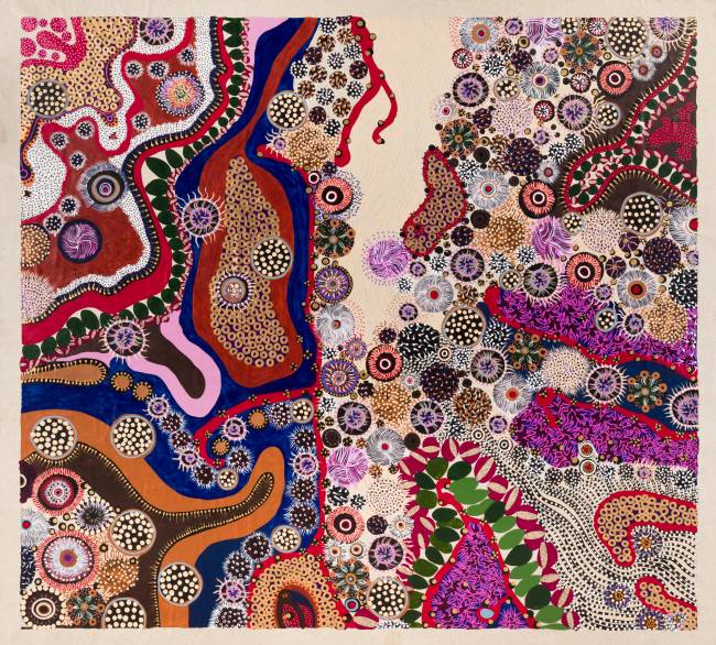 Aislan Pankararu, Anti-estático e teu silêncio, 2025, Tinta acrílica sobre tela de linho cru, 280 x 300 cm aislan-pankararu-instituto-tomie-ohtake