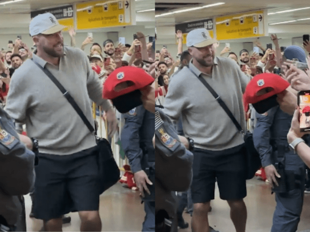 Travis Kelce, noivo de Taylor Swift, é recebido por multidão em Guarulhos