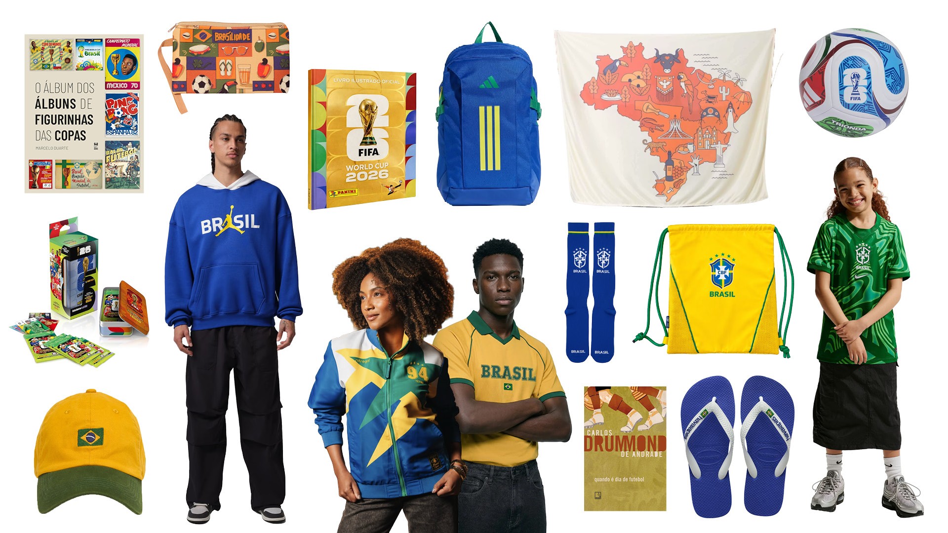 Coleção de produtos da Copa do Mundo: um homem de moletom azul com "BRASIL", uma mulher de jaqueta azul e amarela, um homem de camiseta amarela com "BRASIL", e uma menina de camiseta verde. Ao redor, há álbuns de figurinhas, mochila azul, meias azuis, sacola amarela, chinelos azuis, boné amarelo e uma bola de futebol.