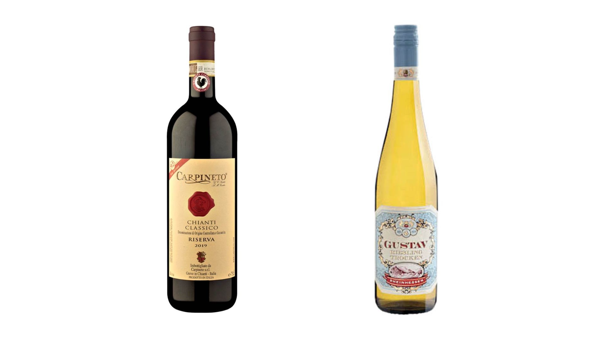 Duas garrafas de vinho em fundo branco: à esquerda, vinho tinto Cappineto Chianti Classico Riserva 2019 com selo vermelho; à direita, vinho branco Gustav Riesling Trocken com rótulo azul claro e detalhes florais