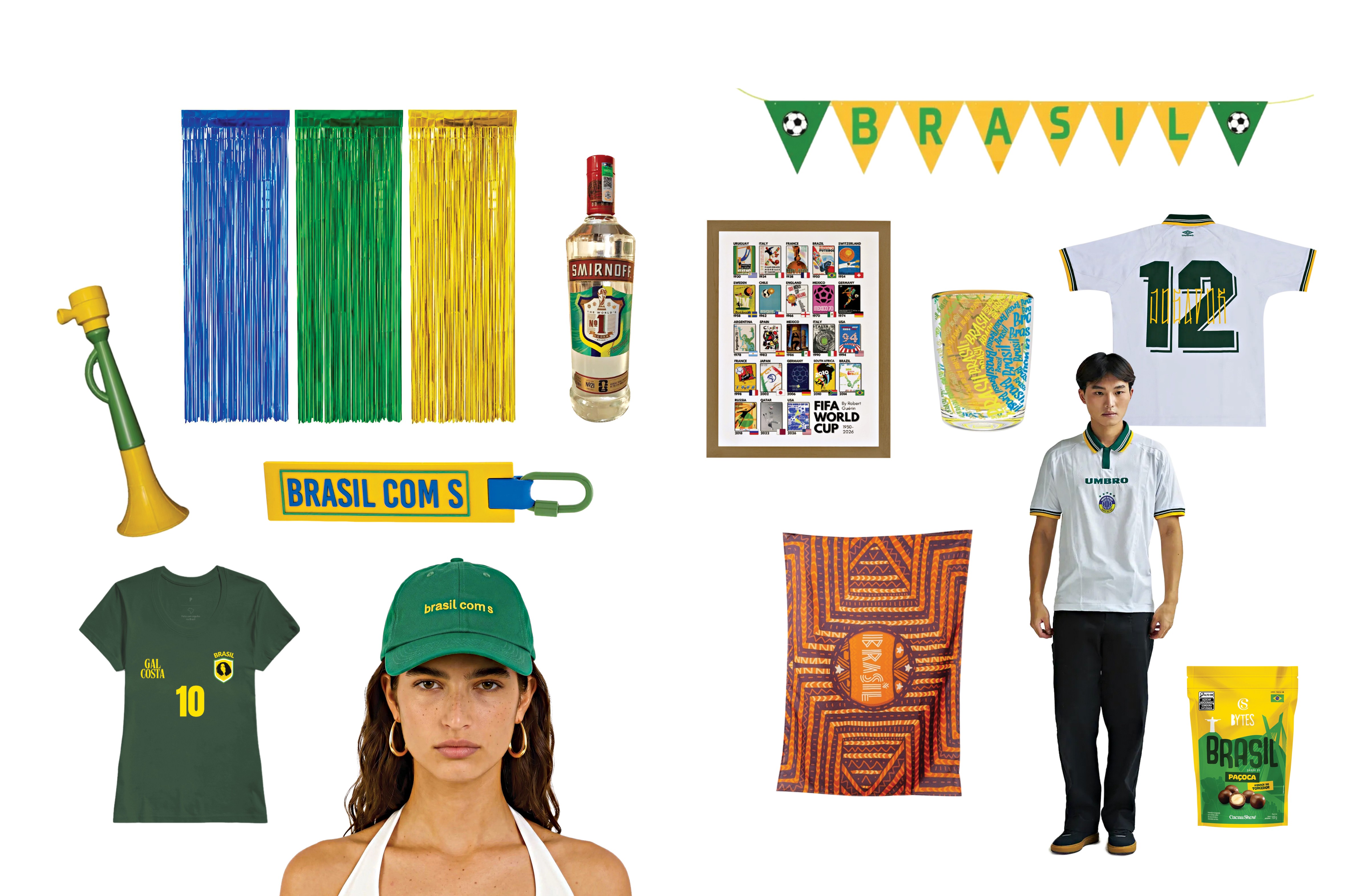 Diversos itens com tema Brasil para Copa do Mundo: cornetas, cortinas decorativas, bandeirinhas, camisetas, boné, garrafa de vodka, álbum de figurinhas, copo, almofada e pacote de café. Uma mulher usa boné verde e um homem veste camiseta branca com gola verde.