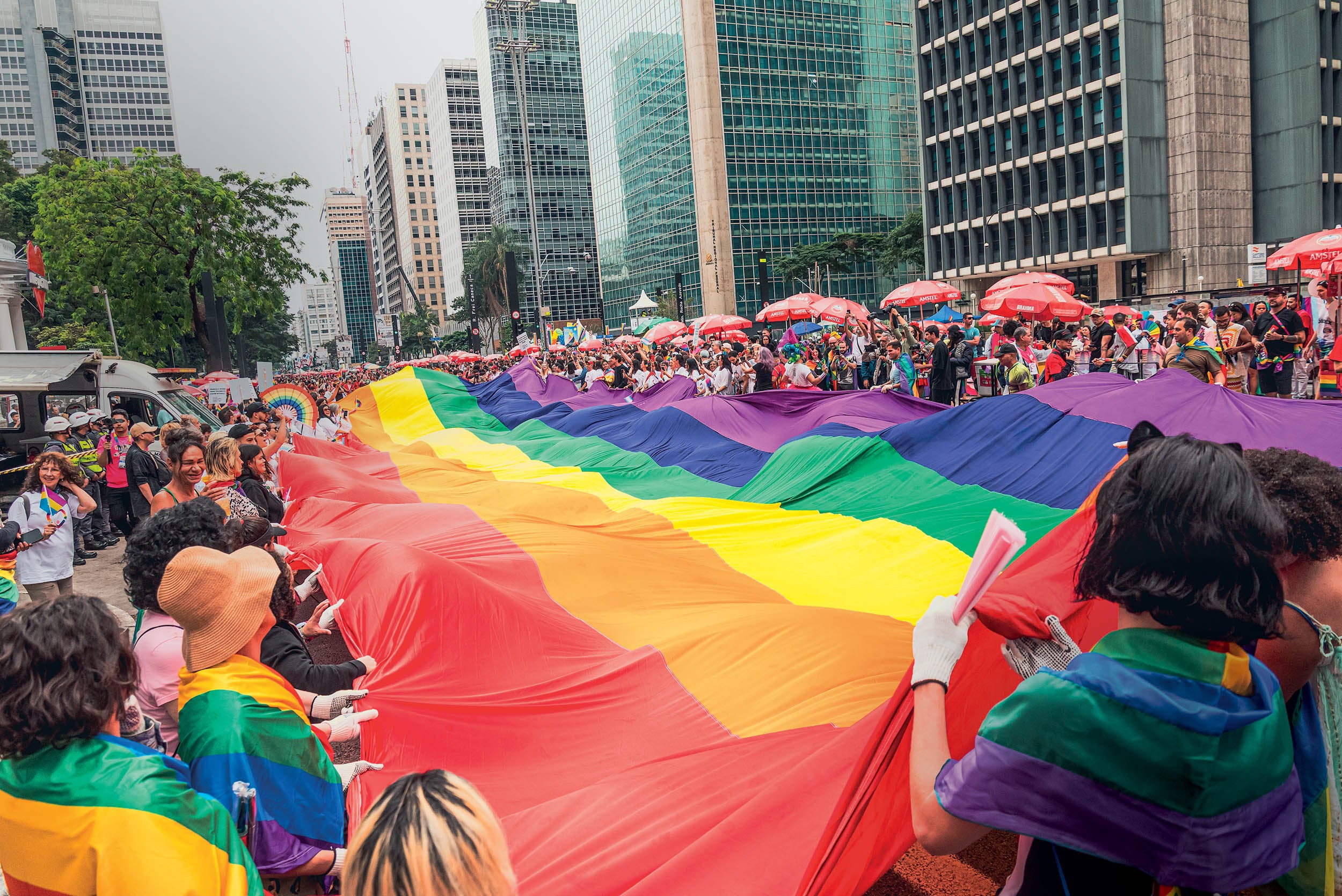 Multidão de pessoas segurando uma enorme bandeira arco-íris em uma rua larga com prédios altos ao fundo, durante um evento diurno