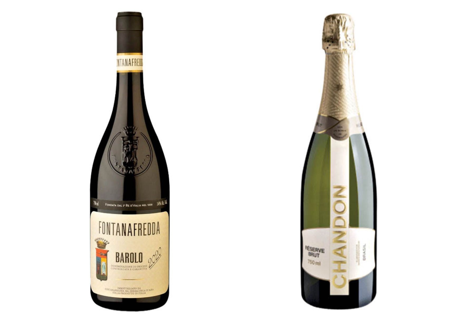Garrafa de vinho tinto Fontanafredda Barolo com rótulo bege e garrafa de espumante Chandon Reserve Brut com rótulo branco e dourado, ambas em fundo branco