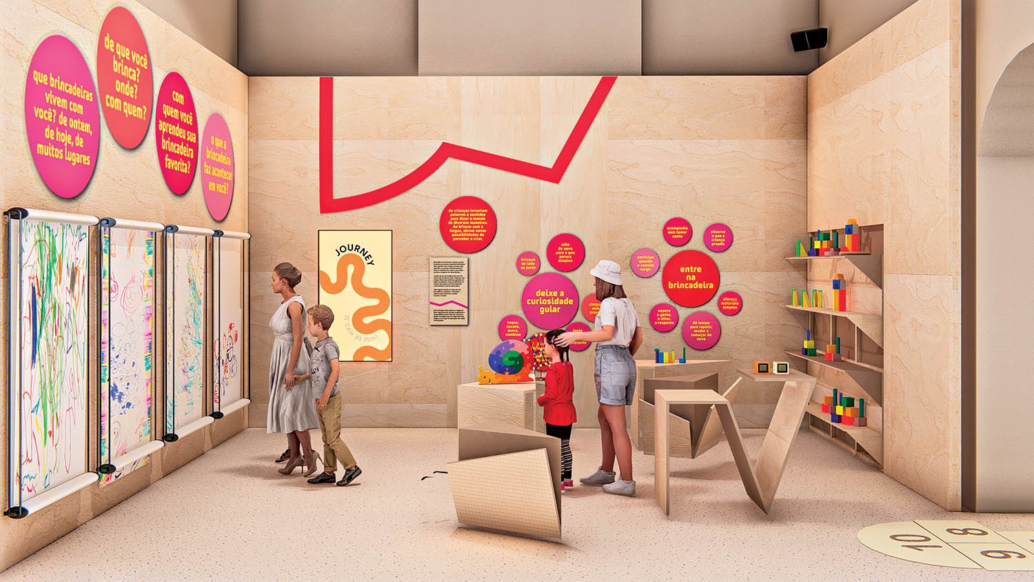 Ambiente de exposição infantil com paredes claras e painéis informativos em tons de rosa e vermelho. Uma mulher e um menino observam desenhos coloridos em painéis verticais. Outra mulher de chapéu e uma menina interagem com um globo terrestre e blocos de montar. Prateleiras com brinquedos coloridos e mesas de madeira em formato de V completam o cenário lúdico
