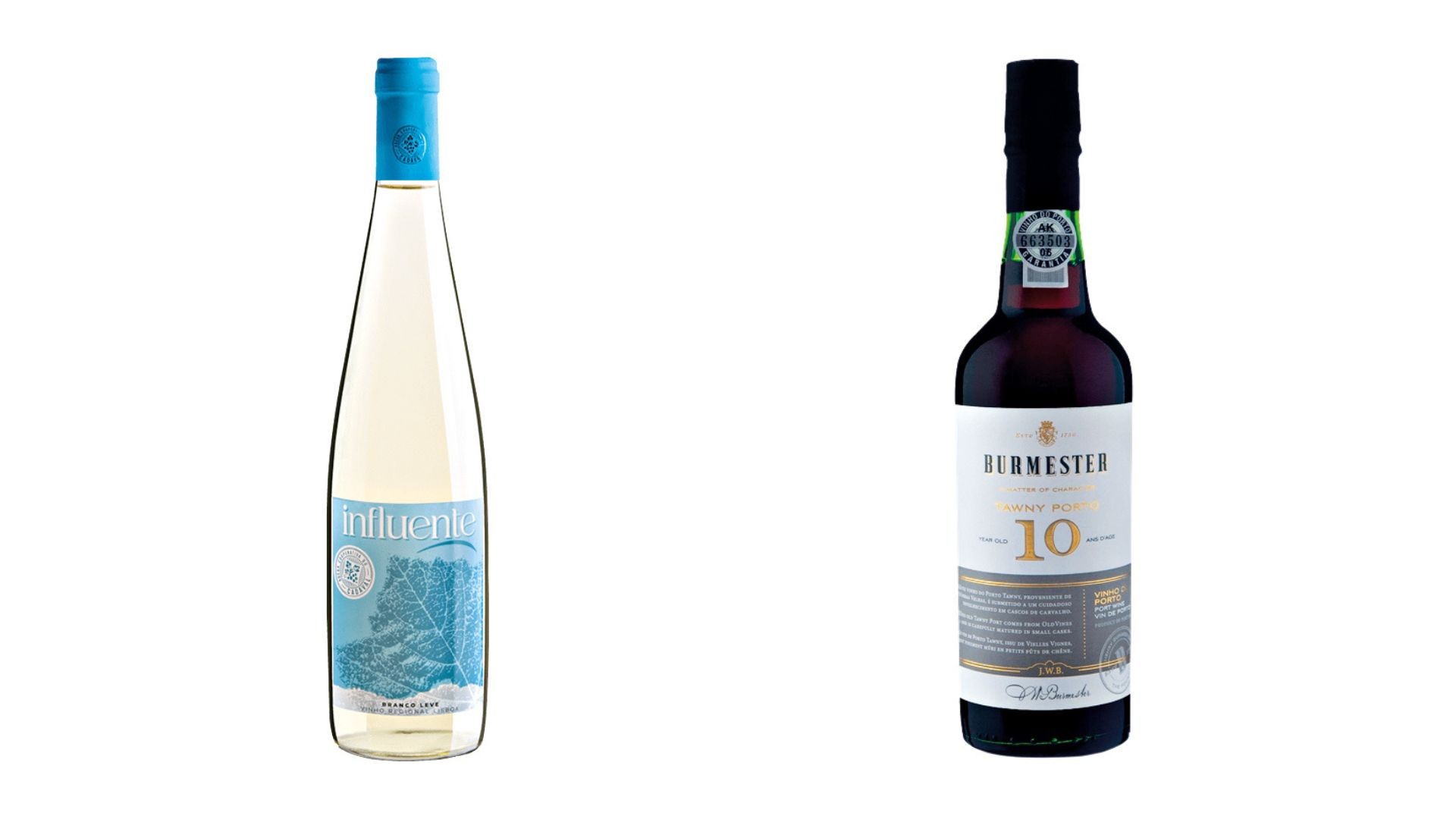 Duas garrafas de vinho em fundo branco. À esquerda, vinho branco Influente com rótulo azul e desenho de folha. À direita, vinho tinto Burmester Tawny Port 10 com rótulo branco e detalhes dourados