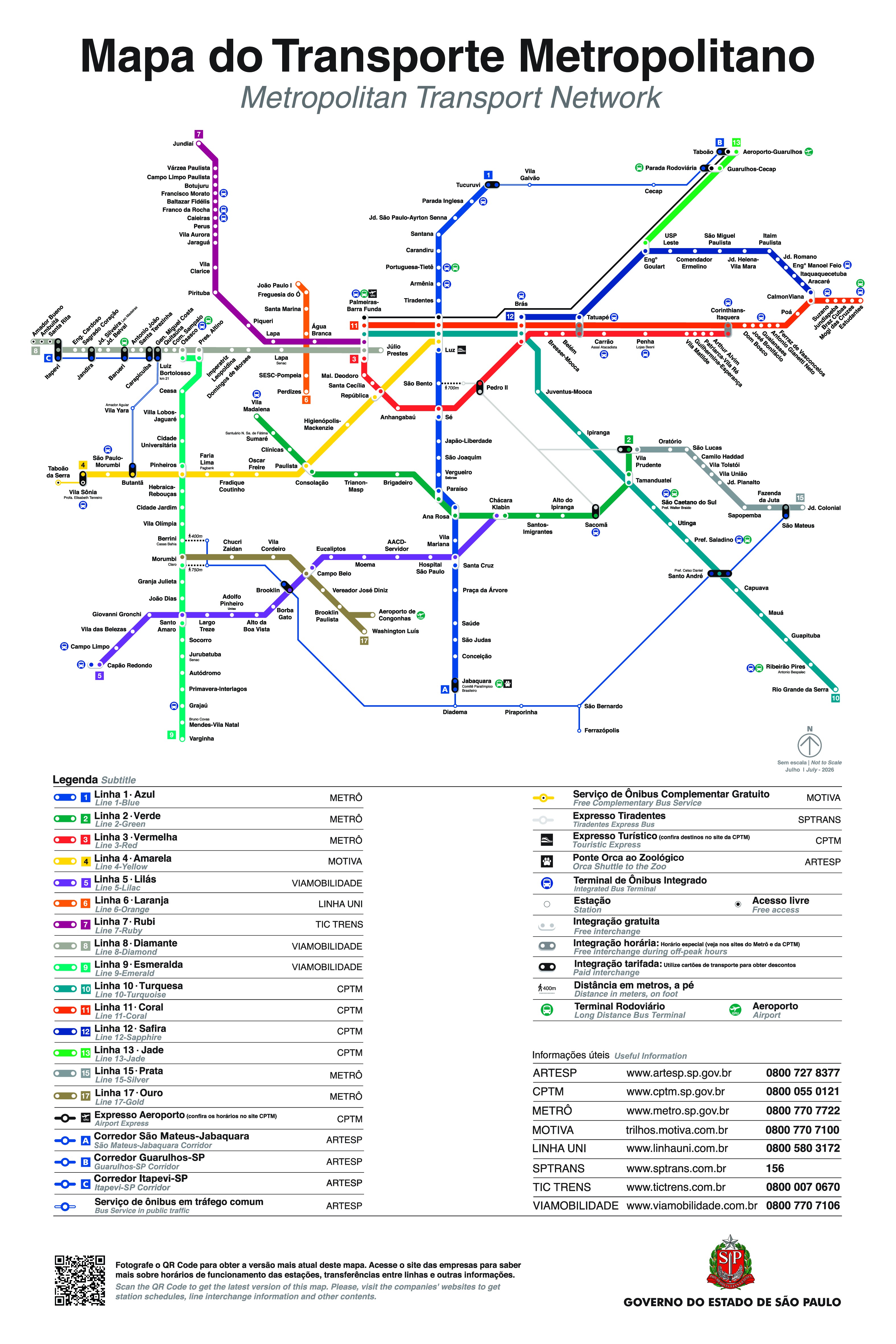 Mapa do transporte metropolitano de São Paulo, com linhas de metrô e trem coloridas, indicando estações e conexões. A legenda detalha as linhas por cor e nome, além de serviços de ônibus e informações úteis de contato