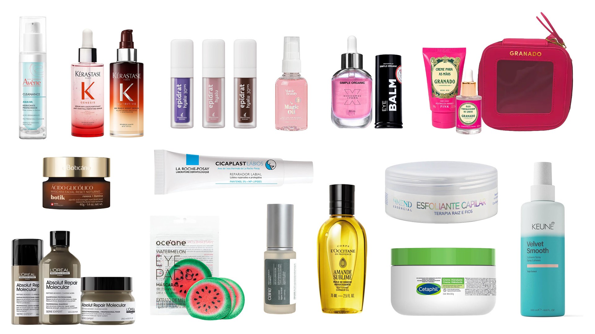 Variedade de produtos de beleza e cuidados pessoais, incluindo séruns, cremes, óleos, esfoliantes, máscaras faciais e maquiagens de diversas marcas, como Kérastase, Granado, LOccitane e Cetaphil, dispostos sobre um fundo branco