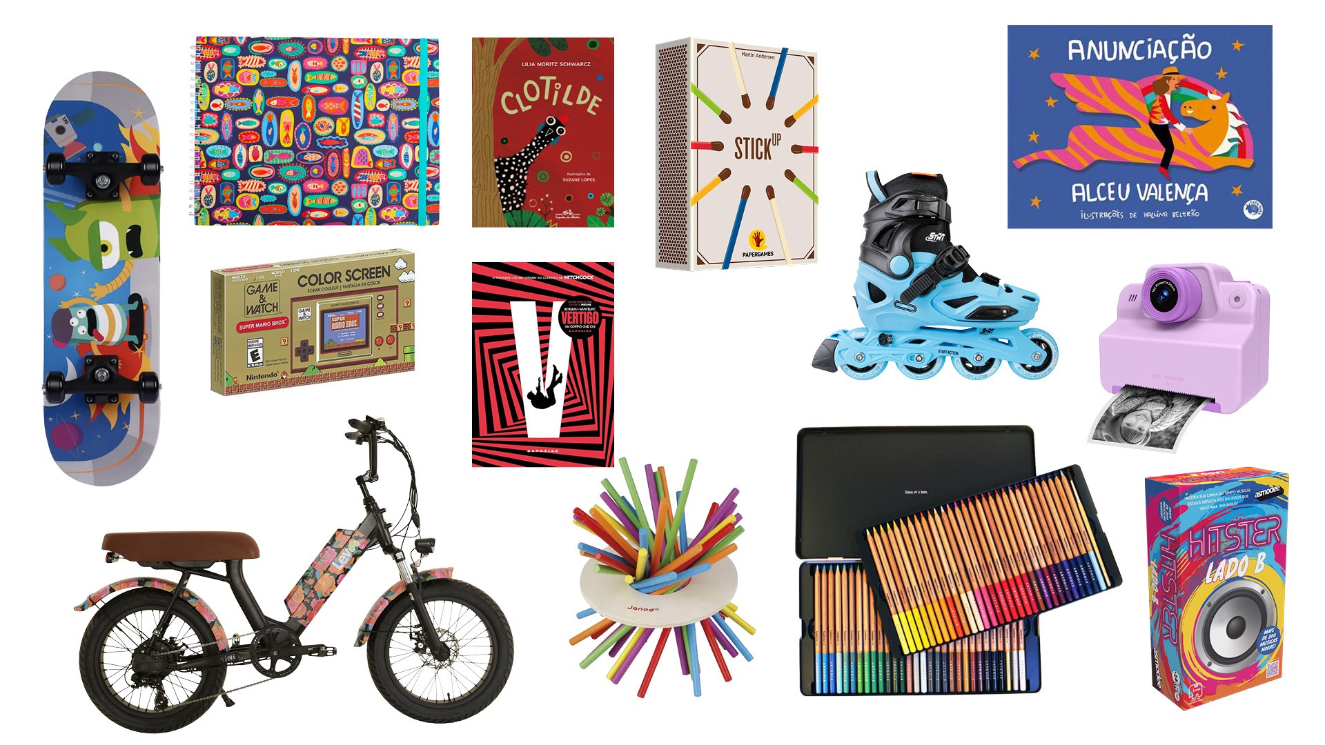 Coleção de presentes com skate colorido, caderno estampado, livros, jogo de palitos, patins azul, câmera instantânea roxa, bicicleta elétrica, porta-lápis e caixa de som