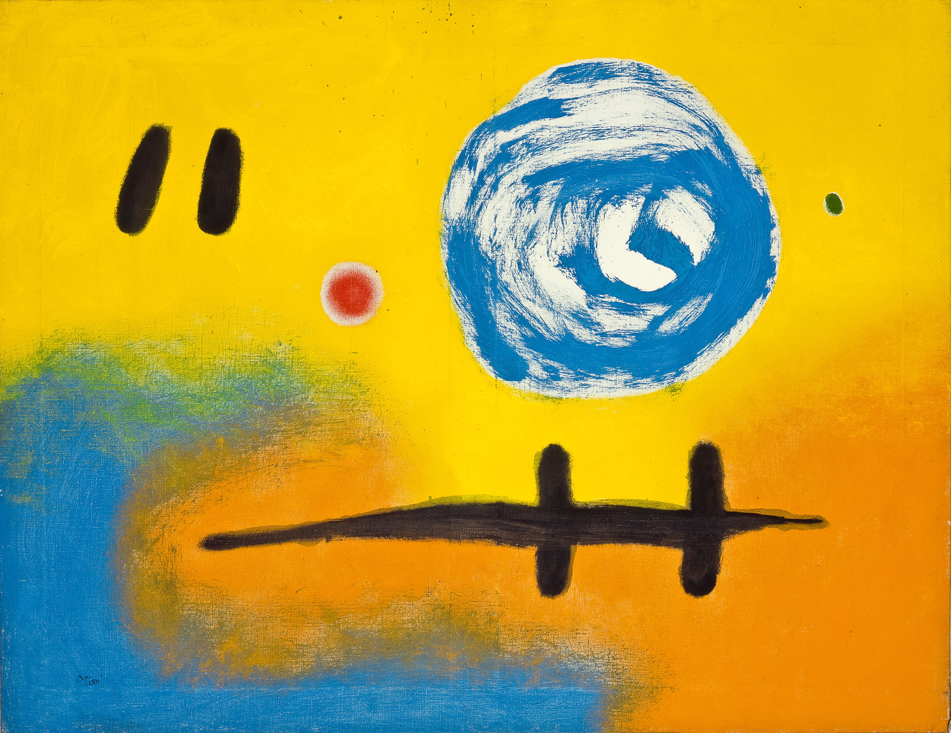 Pintura abstrata com fundo amarelo vibrante, um círculo azul e branco no canto superior direito, dois traços pretos verticais no canto superior esquerdo, um ponto vermelho e um verde, e uma linha preta horizontal com duas cruzes na parte inferior, sobreposta a manchas azuis e laranja