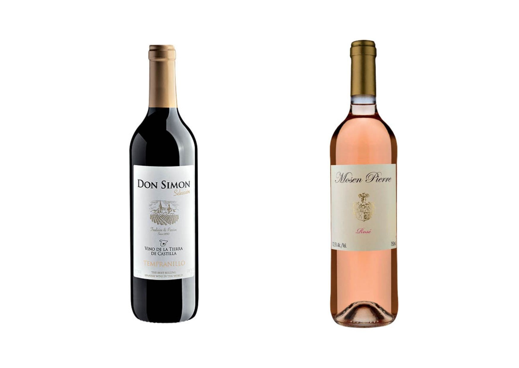 Duas garrafas de vinho em fundo branco: à esquerda, vinho tinto Don Simon com rótulo branco e dourado; à direita, vinho rosé Mosén Pierre com rótulo bege e dourado