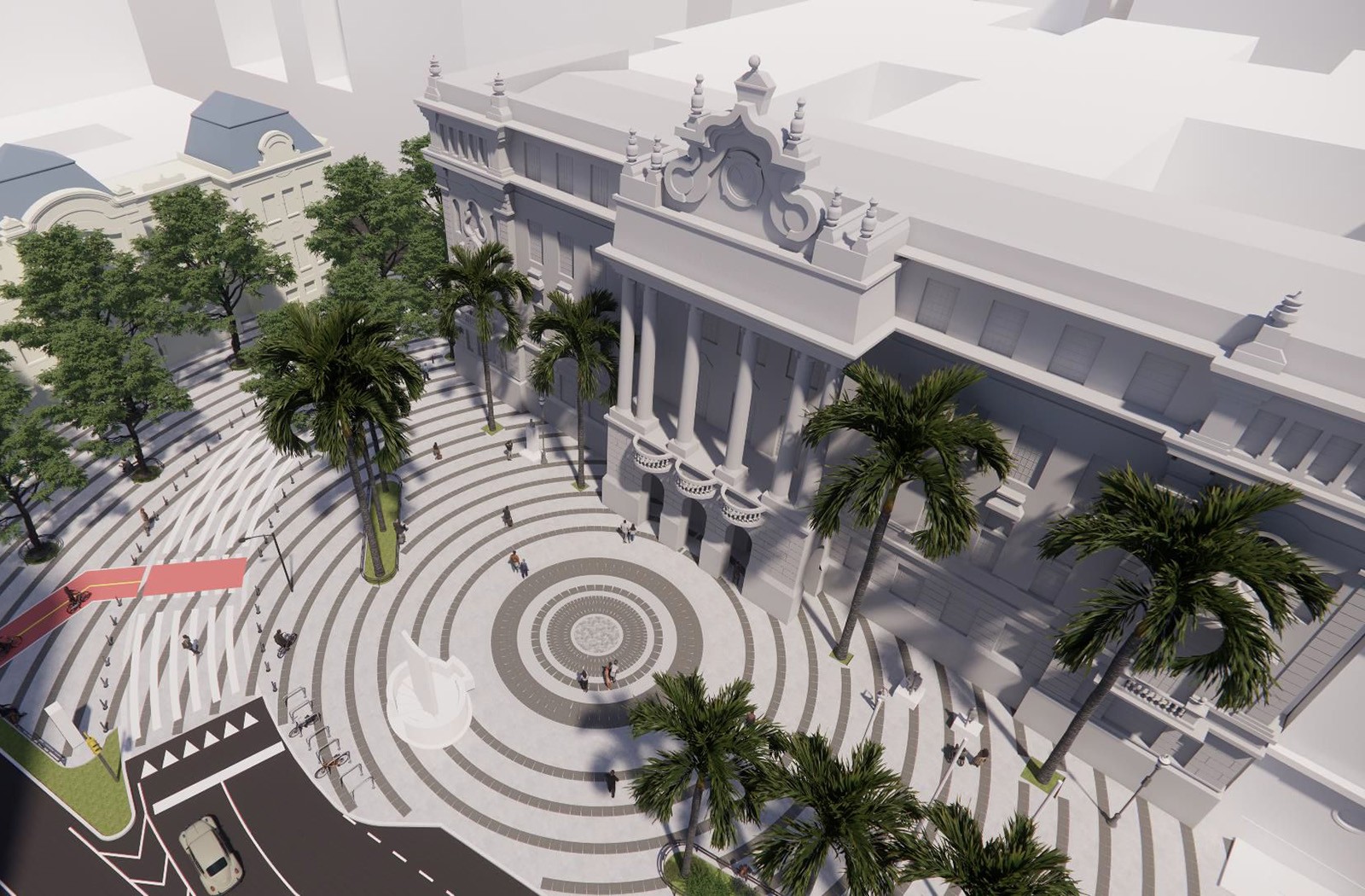 Vista aérea de uma praça moderna com piso de círculos concêntricos em tons de cinza e branco, em frente a um edifício clássico branco com colunas e varandas. Palmeiras e árvores verdes pontuam o espaço, com bancos vermelhos e brancos, e pessoas caminhando. Uma rua com um carro branco e faixa de pedestres aparece no canto inferior esquerdo