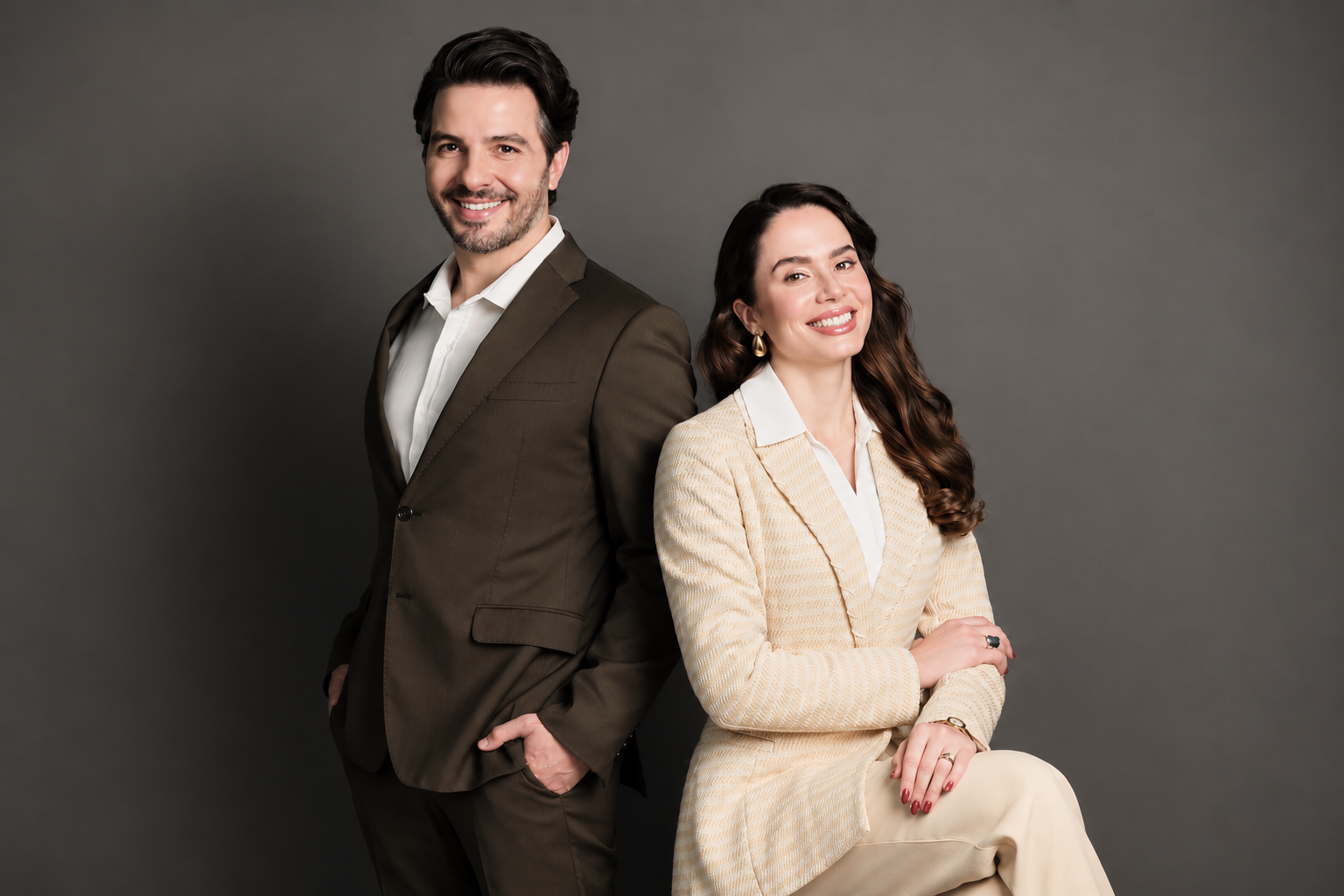 Um homem e uma mulher sorrindo, ambos em trajes sociais, posam de costas um para o outro em um fundo cinza. O homem veste terno marrom e camisa branca, com as mãos nos bolsos. A mulher, sentada, usa blazer e calça creme, camisa branca, brincos dourados e anéis.