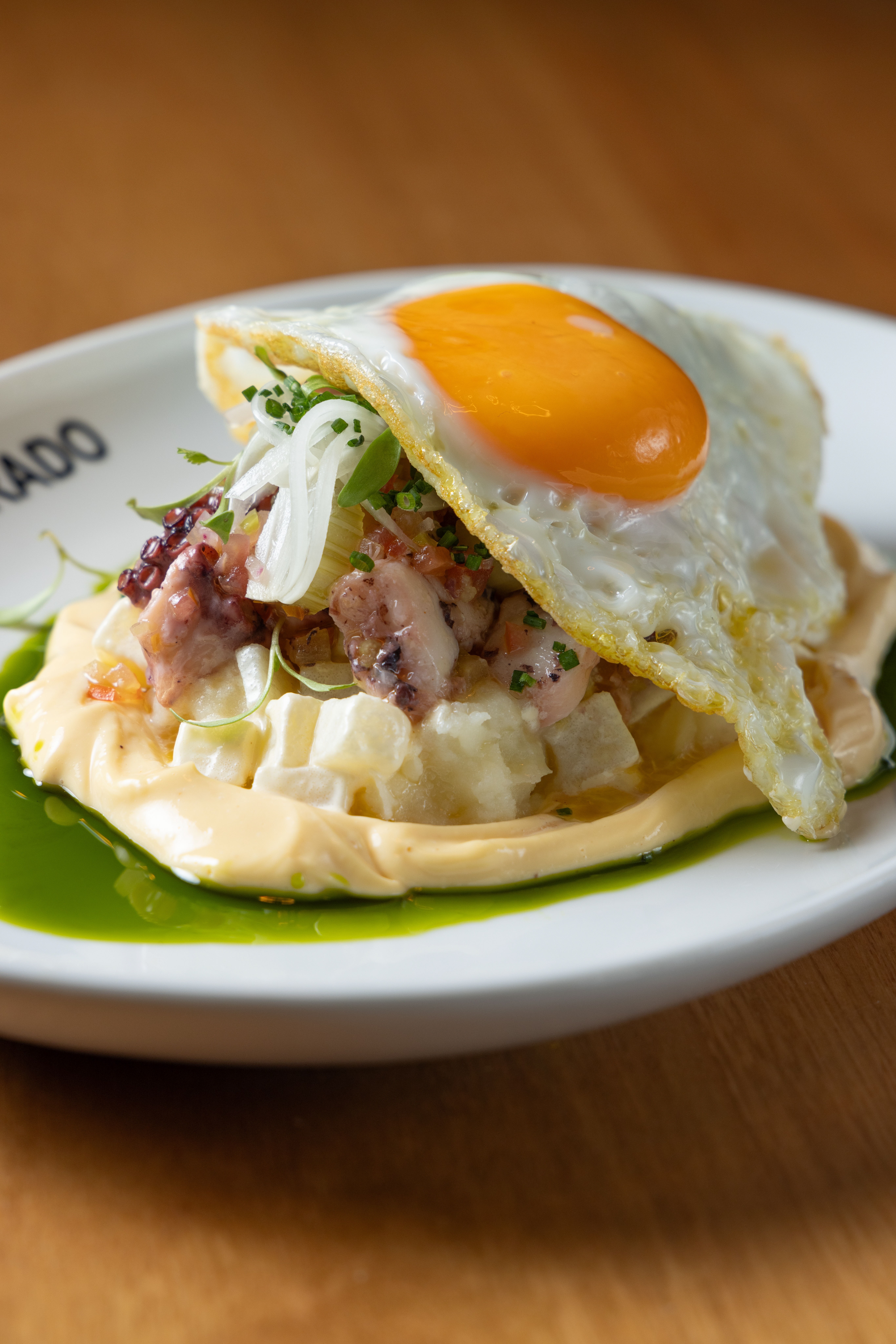 Prato gourmet com ovo frito de gema vibrante sobre salada de polvo, batata em cubos, cebola e cebolinha, com molho cremoso amarelo e azeite verde, servido em prato branco com a palavra RADO vis&iacute;vel