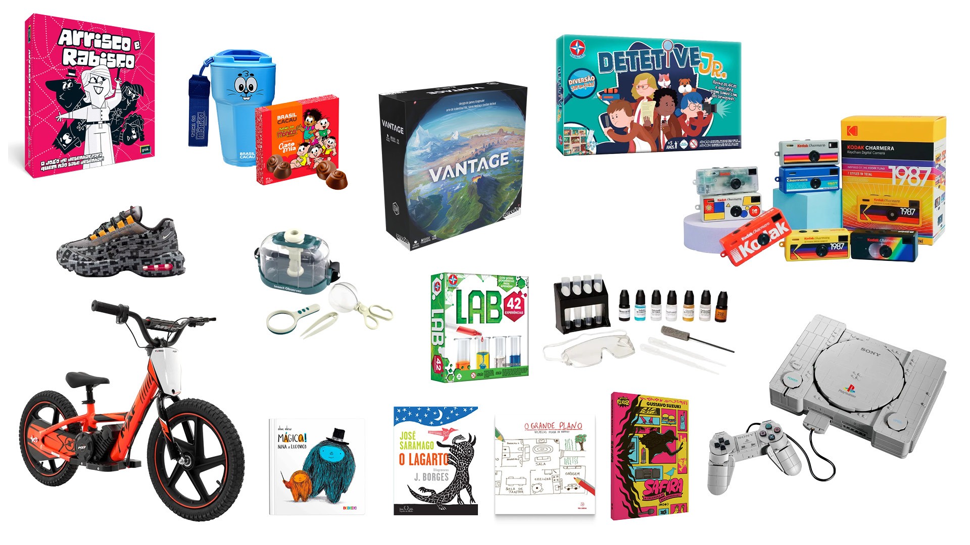 Diversos presentes infantis e juvenis, incluindo um jogo de tabuleiro Arrisco + Rabisco, uma garrafa azul, um tênis cinza com detalhes laranja, uma bicicleta infantil vermelha, um kit de ciências Lab 42, um console PlayStation cinza com controle, e várias câmeras fotográficas coloridas Kodak